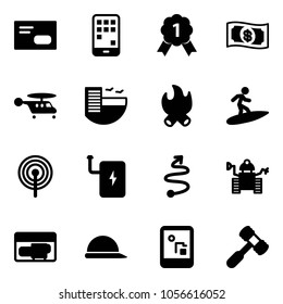 Solid vector icon set - envelope vector, mobile, gold medal, money, helicopter, hotel, fire, surfing, antenna, power bank, trip, robot, generator, construction helmet, game console, toy hammer