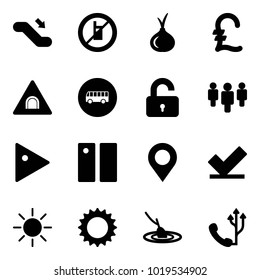 Solid vector icon set - escalator down vector, no mobile sign, onion, pound, tunnel road, bus, unlocked, group, play, pause, map pin, check, sun, fishing, phone