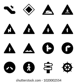 Solid vector icon set - escalator down vector, main road sign, climb, pedestrian, abrupt turn right, intersection, rough, only forward, detour, way, signpost, hand wheel