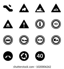 Solid vector icon set - escalator down vector, tractor way road sign, steep roadside, car crash, narrows, attention, no pedestrian, speed limit 90, bus, cart horse, overtake, truck, detour, circle