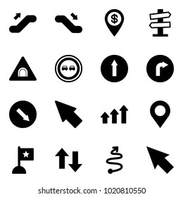 Solid vector icon set - escalator up vector, down, dollar pin, road signpost sign, tunnel, no overtake, only forward, right, detour, cursor, arrows, map, flag, trip