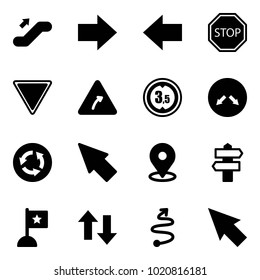 Solid vector icon set - escalator up vector, right arrow, left, stop road sign, giving way, turn, limited height, detour, circle, cursor, map pin, signpost, flag, down arrows, trip