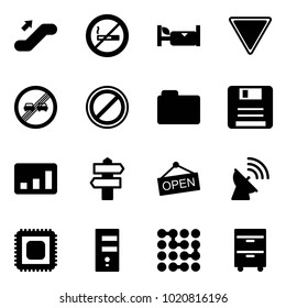 Solid vector icon set - escalator up vector, no smoking sign, hotel, giving way road, end overtake limit, parking, folder, save, statistics, signpost, open, satellite antenna, cpu, server, circuit