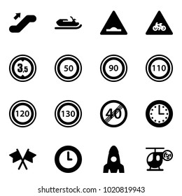 Solid vector icon set - escalator up vector, snowmobile, artificial unevenness road sign, for moto, limited height, speed limit 50, 90, 110, 120, 130, end, time, flags cross, clock, rocket