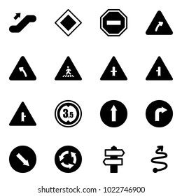 Solid vector icon set - escalator up vector, main road sign, no way, turn right, left, pedestrian, intersection, limited height, only forward, detour, circle, signpost, trip