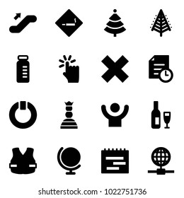 Solid vector icon set - escalator up vector, smoking area sign, christmas tree, vial, hand touch, delete cross, history, standby, chess queen, success, wine, life vest, globe, terms plan