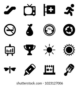 Solid vector icon set - escalator up vector, tv, first aid room, run, no smoking sign, pear, limited distance road, circle, presentation chart, gold cup, sun, dragonfly, marker, abacus, beanbag