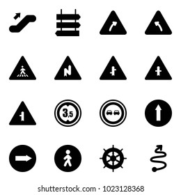 Solid vector icon set - escalator up vector, sign post, turn right road, left, pedestrian, abrupt, intersection, limited height, no overtake, only forward, way, hand wheel, trip