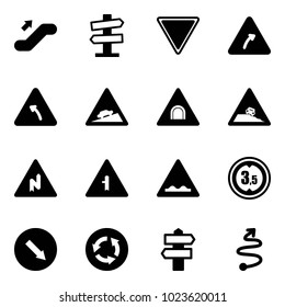 Solid vector icon set - escalator up vector, road signpost sign, giving way, turn right, left, climb, tunnel, steep roadside, abrupt, intersection, rough, limited height, detour, circle, trip