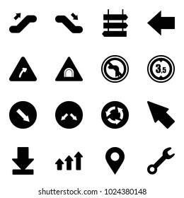Solid vector icon set - escalator up vector, down, sign post, left arrow, turn right road, tunnel, no, limited height, detour, circle, cursor, download, arrows, navigation pin, wrench