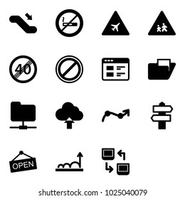 Solid vector icon set - escalator down vector, no smoking sign, airport road, children, end speed limit, parking, website, folder, network, upload cloud, chart point arrow, signpost, open, growth