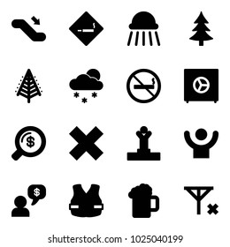 Solid vector icon set - escalator down vector, smoking area sign, shower, christmas tree, snowfall, no, safe, money search, delete cross, winner, success, dialog, life vest, beer, signal