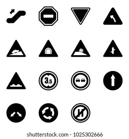 Solid vector icon set - escalator up vector, no way road sign, giving, turn left, climb, tunnel, steep roadside, intersection, rough, limited height, overtake, only forward, detour, circle