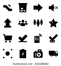 Solid vector icon set - escalator down vector, trash, right arrow, volume off, uplooad, group, star, cart, check, server wireless, record button, battery, camera, truck toy