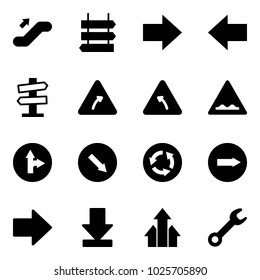 Solid vector icon set - escalator up vector, sign post, right arrow, left, road signpost, turn, rough, only forward, detour, circle, download, arrows, wrench