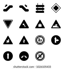 Solid vector icon set - escalator up vector, down, sign post, main road, giving way, turn left, tunnel, steep roadside, abrupt right, intersection, limited height, only forward, detour
