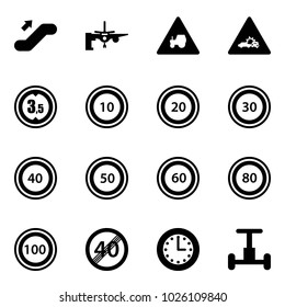 Solid vector icon set - escalator up vector, boarding passengers, tractor way road sign, car crash, limited height, speed limit 10, 20, 30, 40, 50, 60, 80, 100, end, time, gyroscope