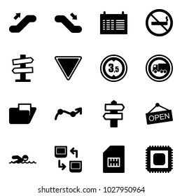 Solid vector icon set - escalator up vector, down, schedule, no smoking sign, road signpost, giving way, limited height, truck, folder, chart point arrow, open, swimming, data exchange, sim, cpu