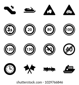 Solid vector icon set - escalator down vector, snowmobile, tractor way road sign, for moto, limited height, speed limit 20, 80, 100, 120, 130, end minimal, time, flags cross, cabrio, cruiser