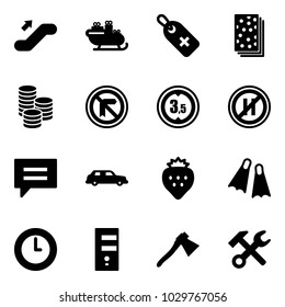 Solid vector icon set - escalator up vector, santa sleigh, medical label, breads, coin, limited height road sign, no parking even, chat, limousine, strawberry, flippers, clock, server, axe