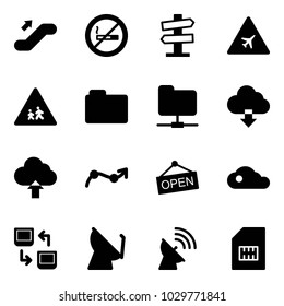 Solid vector icon set - escalator up vector, no smoking sign, road signpost, airport, children, folder, network, download cloud, upload, chart point arrow, open, data exchange, satellite antenna