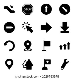 Solid vector icon set - escalator down vector, stop road sign, only forward, detour, right, cursor, arrow, download, undo, map pin, flag, arrows up, wrench