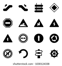 Solid vector icon set - escalator up vector, down, sign post, main road, no way, steep roadside, abrupt turn right, intersection, overtake, only forward, circle, parking even, undo, signpost