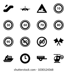 Solid vector icon set - escalator up vector, plane, steep roadside road sign, speed limit 10, 30, 60, 70, 80, 90, end minimal, flags cross, cruiser, clock, trailer, helicopter toy