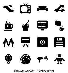 Solid vector icon set - escalator down vector, tv, vip waiting area, trap truck, tea, champagne, diagnostic monitor, cereal, monero, tap pay, safe, save, air balloon, ball, dryer, robot