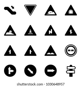 Solid vector icon set - escalator down vector, giving way road sign, climb, tunnel, steep roadside, pedestrian, abrupt turn right, intersection, rough, no overtake, only forward, detour, signpost