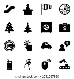 Solid vector icon set - escalator up vector, recieptionist, side wind, radar, christmas tree, safe, money case, no truck road sign, hand touch, car, dialog, drink, kite, mouse wireless, conveyor