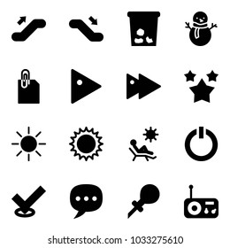 Solid vector icon set - escalator up vector, down, trash, snowman, attachment, play, fast forward, stars, sun, beach, standby button, check, chat, oiler, radio