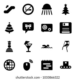 Solid vector icon set - escalator up vector, no smoking sign, shower, christmas tree, bow message, safe, save, chess queen, drink, swimming, kite, globe, mouse wireless, terms plan, conveyor