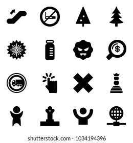 Solid vector icon set - escalator up vector, no smoking sign, christmas tree, firework, vial, virus, money search, truck road, hand touch, delete cross, chess queen, success, winner, globe