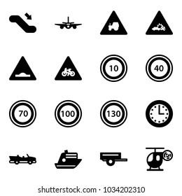 Solid vector icon set - escalator down vector, plane, tractor way road sign, car crash, artificial unevenness, for moto, speed limit 10, 40, 70, 100, 130, time, cabrio, cruiser, trailer