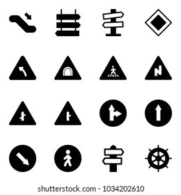 Solid vector icon set - escalator down vector, sign post, road signpost, main, turn left, tunnel, pedestrian, abrupt right, intersection, only forward, detour, way, hand wheel