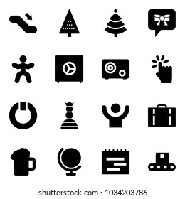 Solid vector icon set - escalator down vector, christmas tree, bow message, gymnastics, safe, hand touch, standby, chess queen, success, suitcase, beer, globe, terms plan, conveyor