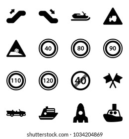 Solid vector icon set - escalator up vector, down, snowmobile, tractor way road sign, steep roadside, speed limit 40, 80, 90, 110, 120, end, flags cross, cabrio, cruiser, rocket, toy boat