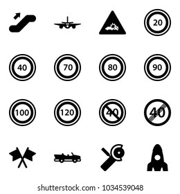 Solid vector icon set - escalator up vector, plane, car crash road sign, speed limit 20, 40, 70, 80, 90, 100, 120, end minimal, flags cross, cabrio, Angular grinder, rocket