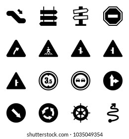 Solid vector icon set - escalator down vector, sign post, road signpost, no way, turn right, pedestrian, intersection, limited height, overtake, only forward, detour, circle, hand wheel, trip