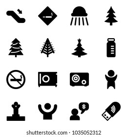 Solid vector icon set - escalator down vector, smoking area sign, shower, christmas tree, vial, no, safe, success, winner, money dialog, usb wi fi