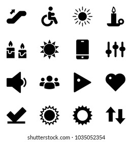 Solid vector icon set - escalator up vector, disabled, sun, candle, phone, settings, low volume, group, play, heart, check, down arrows