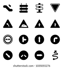Solid vector icon set - escalator down vector, sign post, road signpost, giving way, turn left, climb, intersection, no overtake, only forward right, detour, trip