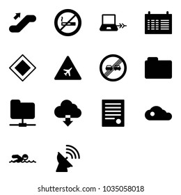 Solid vector icon set - escalator up vector, no smoking sign, notebook connect, schedule, main road, airport, end overtake limit, folder, network, download cloud, agreement, swimming