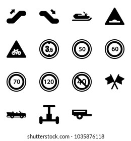 Solid vector icon set - escalator up vector, down, snowmobile, artificial unevenness road sign, for moto, limited height, speed limit 50, 60, 70, 120, end minimal, flags cross, cabrio, gyroscope