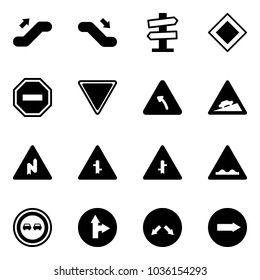 Solid vector icon set - escalator up vector, down, road signpost sign, main, no way, giving, turn left, climb, abrupt right, intersection, rough, overtake, only forward, detour