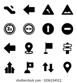Solid vector icon set - escalator down vector, left arrow, turn road sign, rough, limited height, no overtake, only forward, right, map pin, flag, signpost, arrows up, navigation