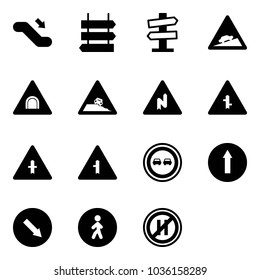 Solid vector icon set - escalator down vector, sign post, road signpost, climb, tunnel, steep roadside, abrupt turn right, intersection, no overtake, only forward, detour, pedestrian way