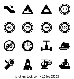 Solid vector icon set - escalator down vector, steep roadside road sign, for moto, speed limit 10, 40, 70, 100, 120, end, time, gyroscope, cruiser, Angular grinder, rocket, helicopter toy, boat