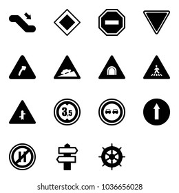 Solid vector icon set - escalator down vector, main road sign, no way, giving, turn right, climb, tunnel, pedestrian, intersection, limited height, overtake, only forward, parking even, signpost